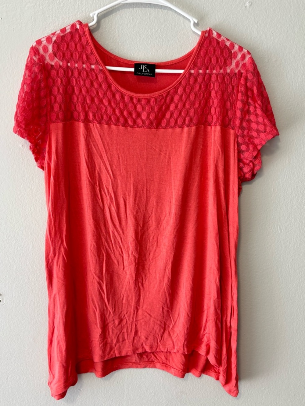 Coral Pink Lace Yoke Short Sleeve Top